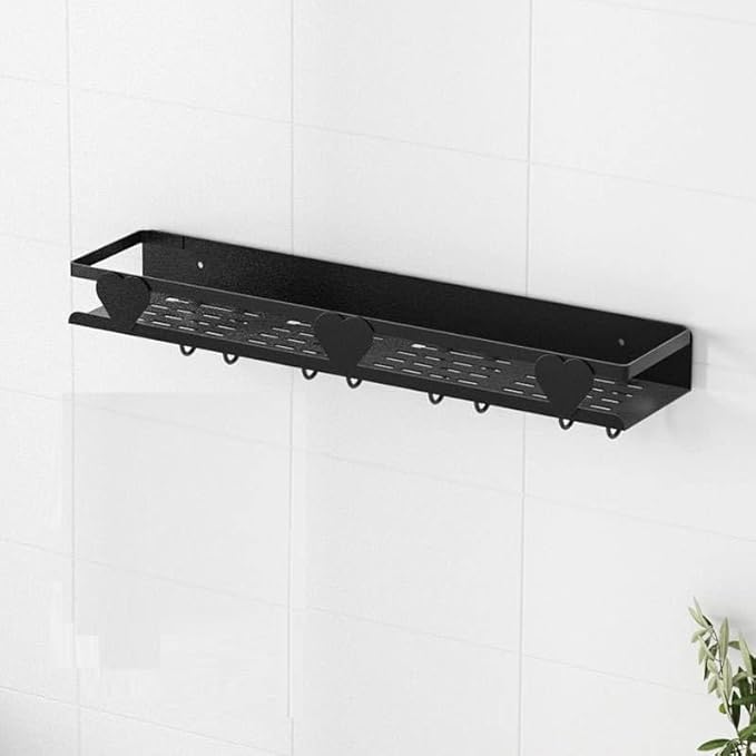 X-XONIER Kitchen Wall Shelf Organizer, Black Metal Spice Rack with Utensil Hooks, Multipurpose Storage Solution for Kitchen Organization