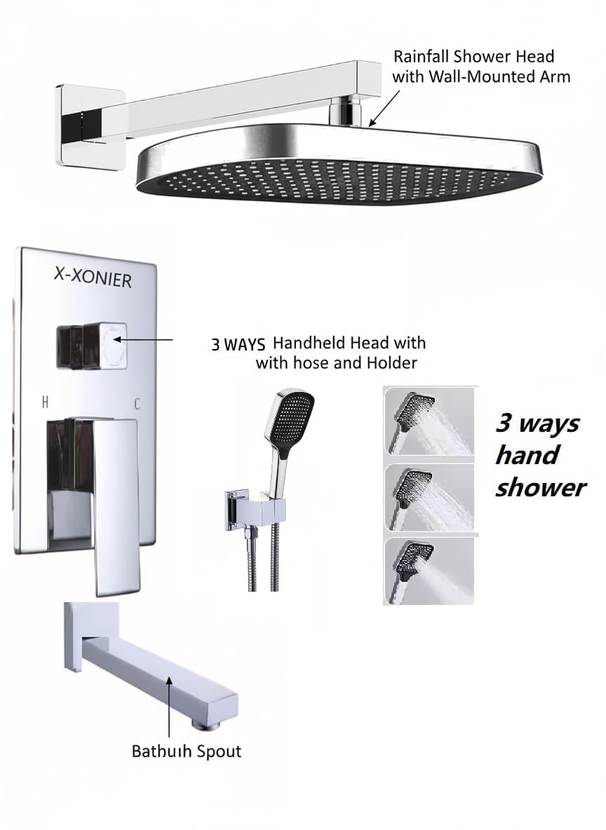 X-XONIER® Modern Bathroom Brass Concealed Shower System Body High Flow 3 Ways Diverter Full Set, 33x23 cm Rainfall Head with 3 ways Hand Shower and Tub Spout, Chrome
