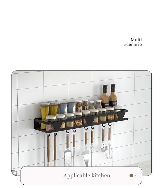 X-XONIER Kitchen Wall Shelf Organizer, Black Metal Spice Rack with Utensil Hooks, Multipurpose Storage Solution for Kitchen Organization