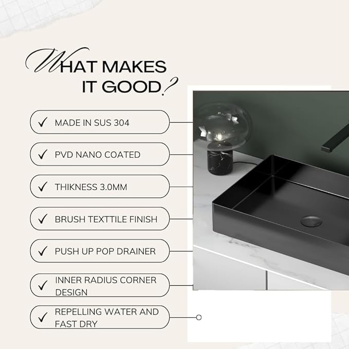 Stainless Steel Wash Basin Countertop Table top Bathroom Sink Washbasin Over Counter for Bathroom Resturent Living room Luxury Matt Black