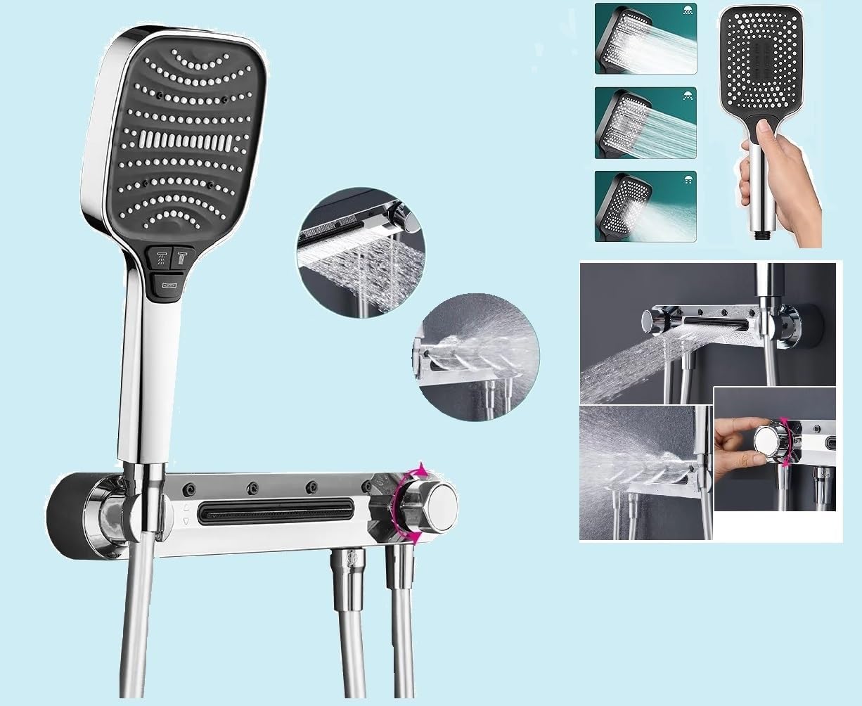 X-xonier® Luxury thermostat Shower set System 4in1 shower panel with large Overhead Rainfall (Silver)