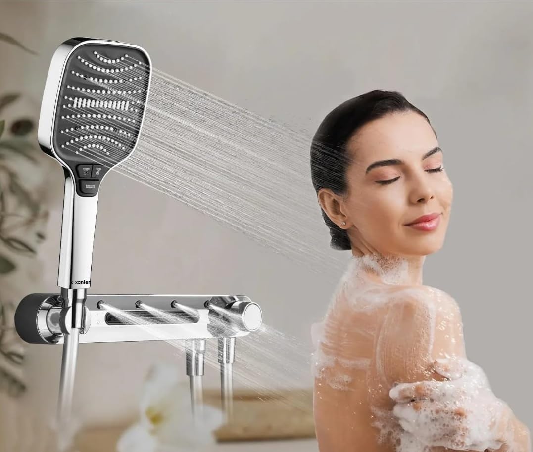 X-xonier® Luxury thermostat Shower set System 4in1 shower panel with large Overhead Rainfall (Silver)