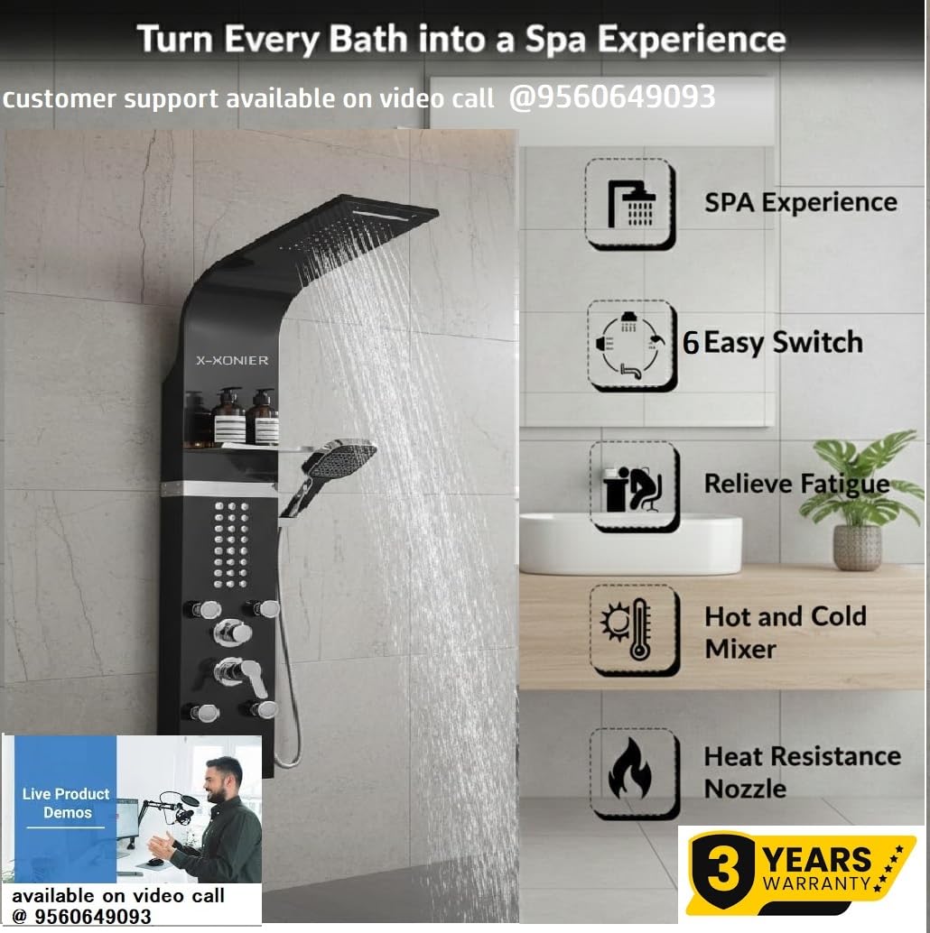 X-XONIER 304 Grade Stainless Steel 6 In 1 Shower panel and All in One Sink Combo Multifunction Handheld Mist Spray Temperature Display MI Black