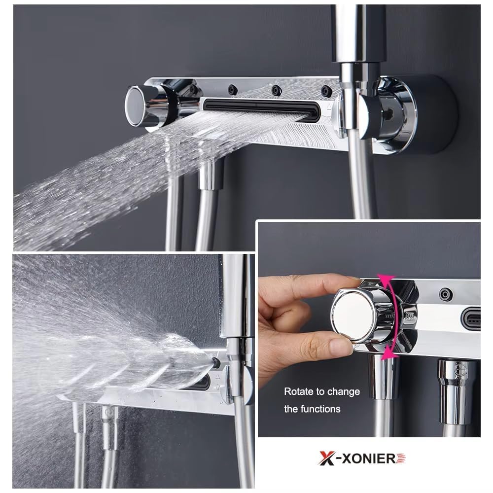 X-xonier® Luxury thermostat Shower set System 4in1 shower panel with large Overhead Rainfall (Silver)
