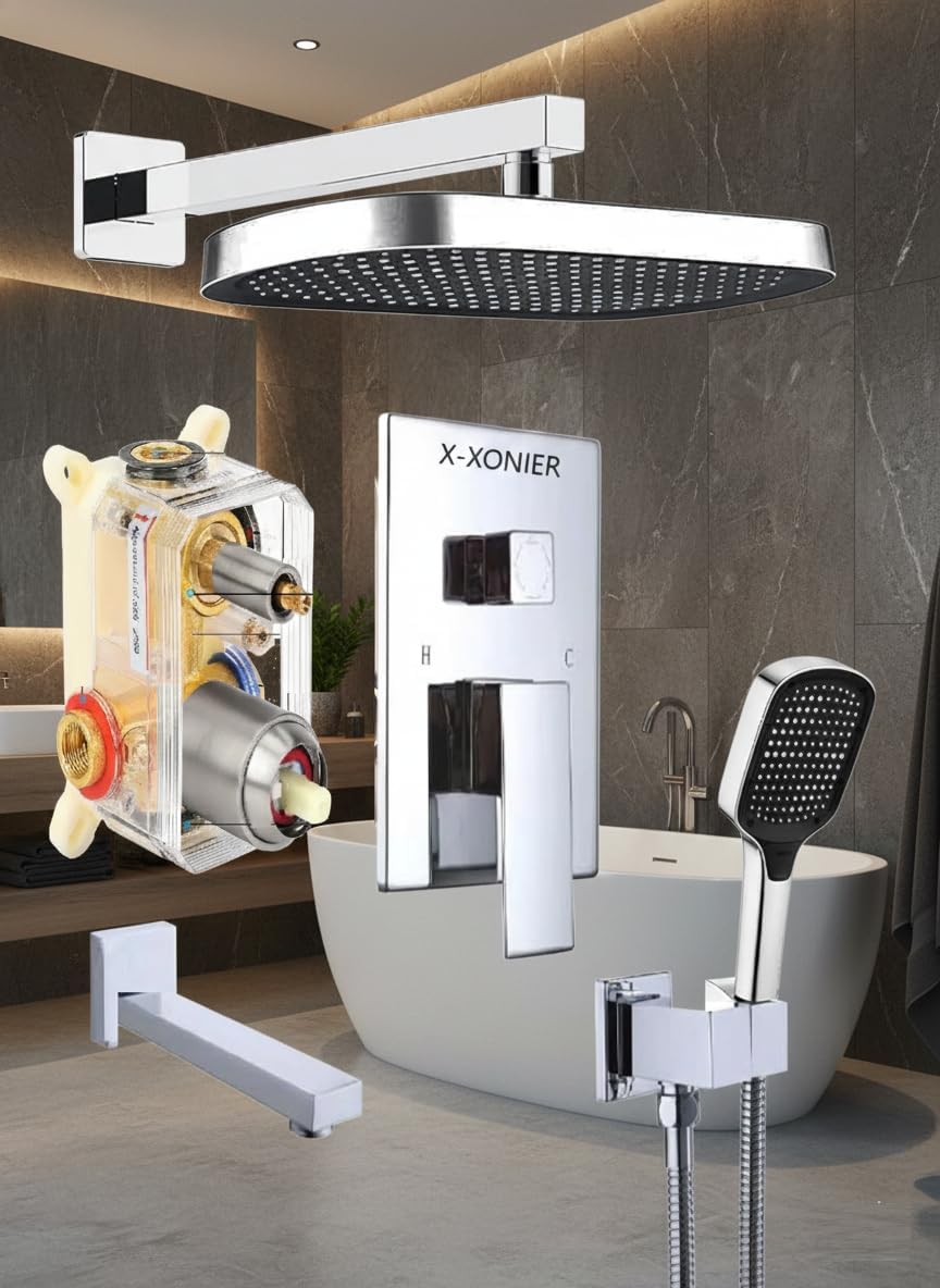 X-XONIER® Modern Bathroom Brass Concealed Shower System Body High Flow 3 Ways Diverter Full Set, 33x23 cm Rainfall Head with 3 ways Hand Shower and Tub Spout, Chrome