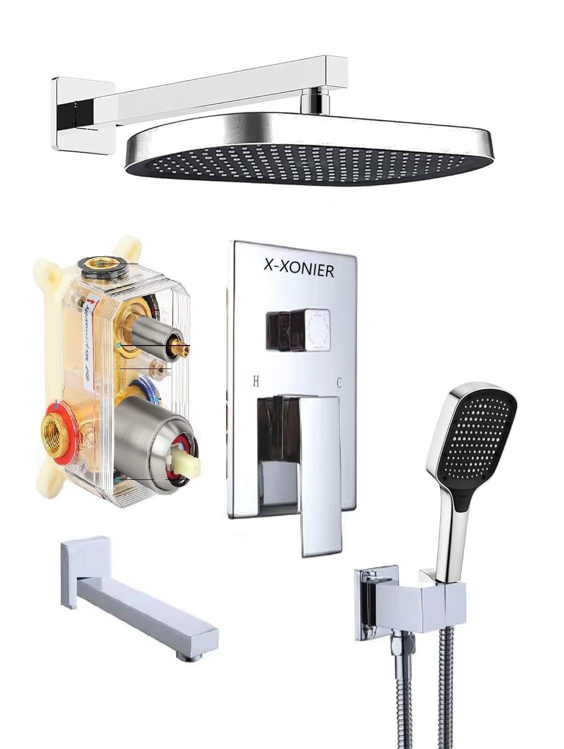 X-XONIER® Modern Bathroom Brass Concealed Shower System Body High Flow 3 Ways Diverter Full Set, 33x23 cm Rainfall Head with 3 ways Hand Shower and Tub Spout, Chrome