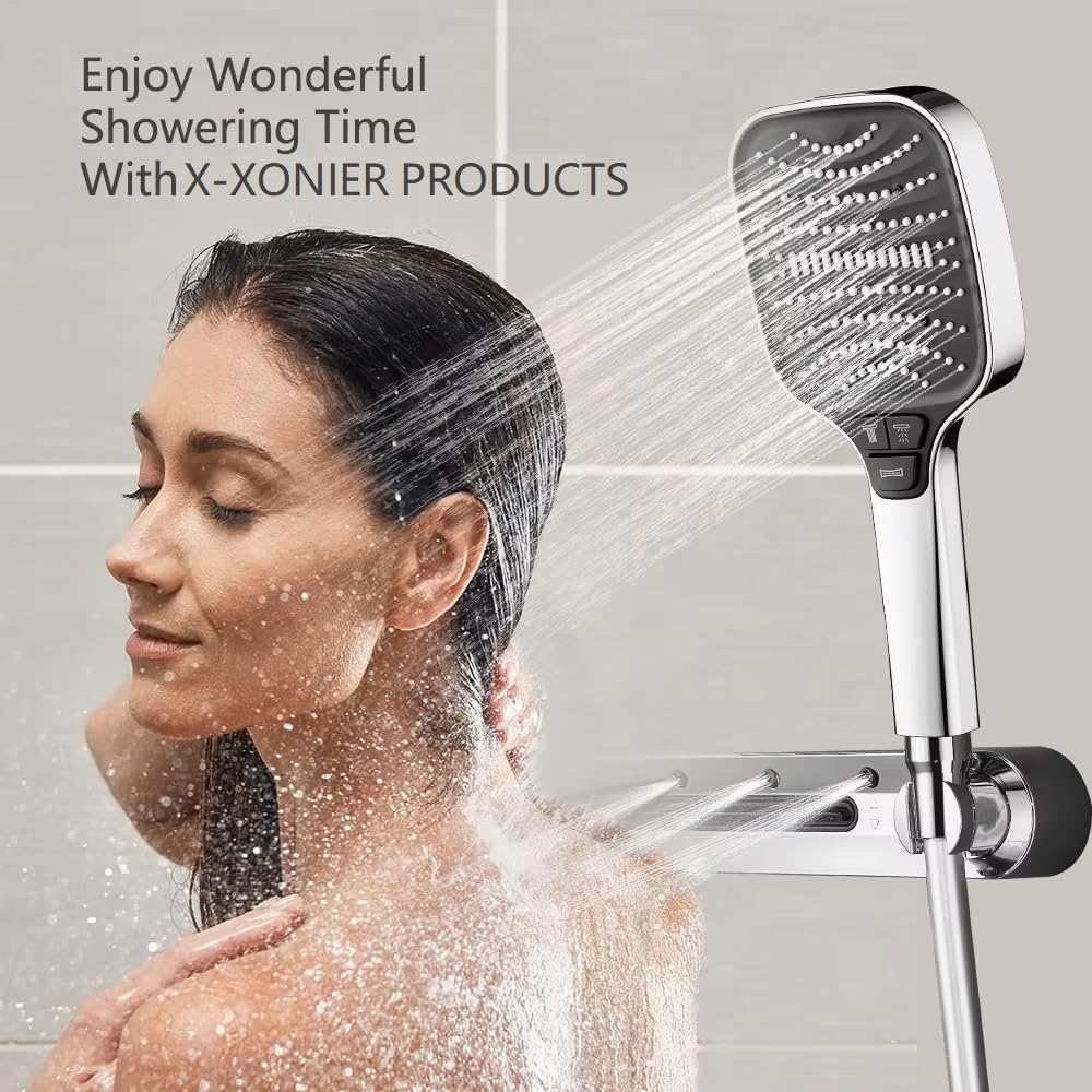 X-xonier® Luxury thermostat Shower set System 4in1 shower panel with large Overhead Rainfall (Silver)