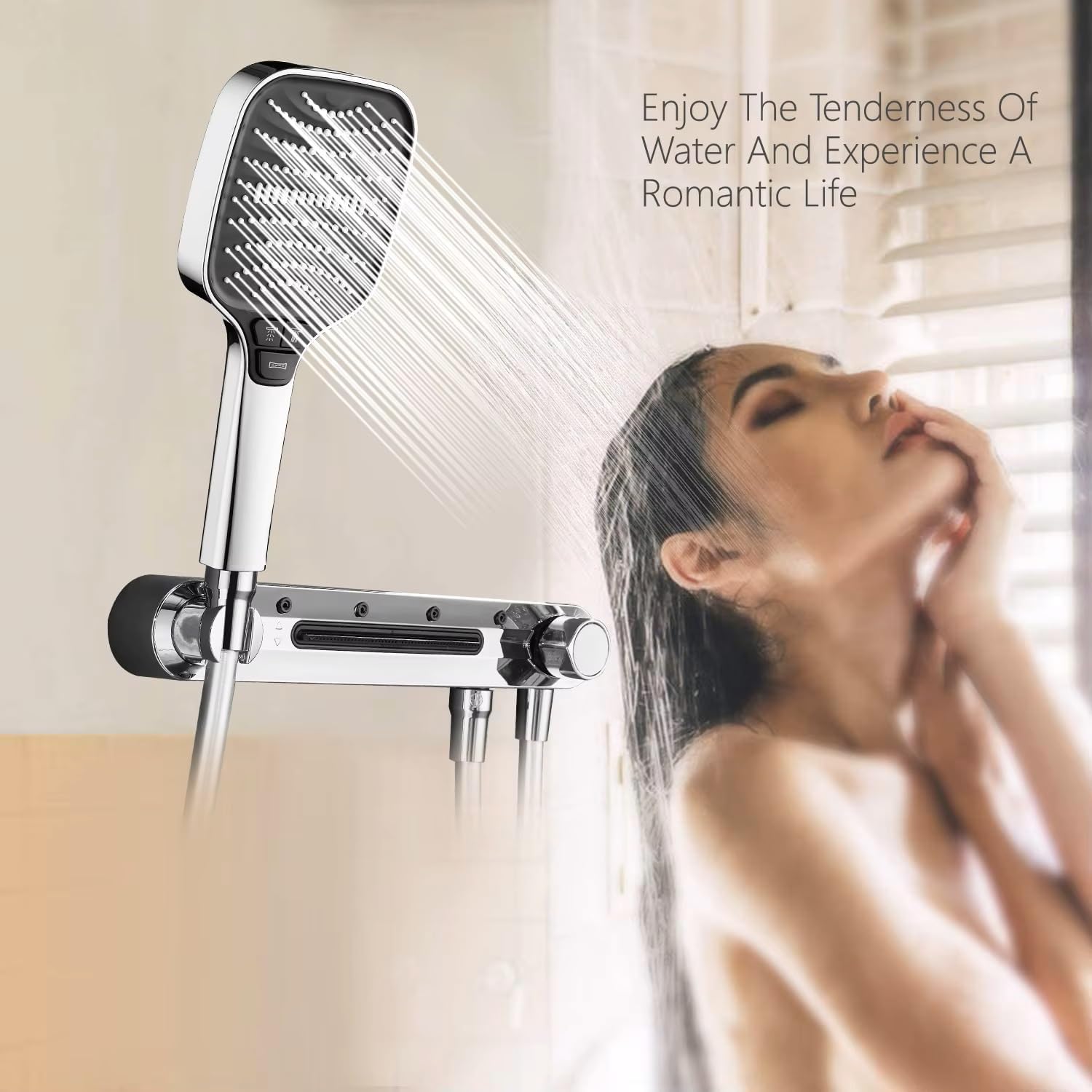 X-xonier® Luxury thermostat Shower set System 4in1 shower panel with large Overhead Rainfall (Silver)