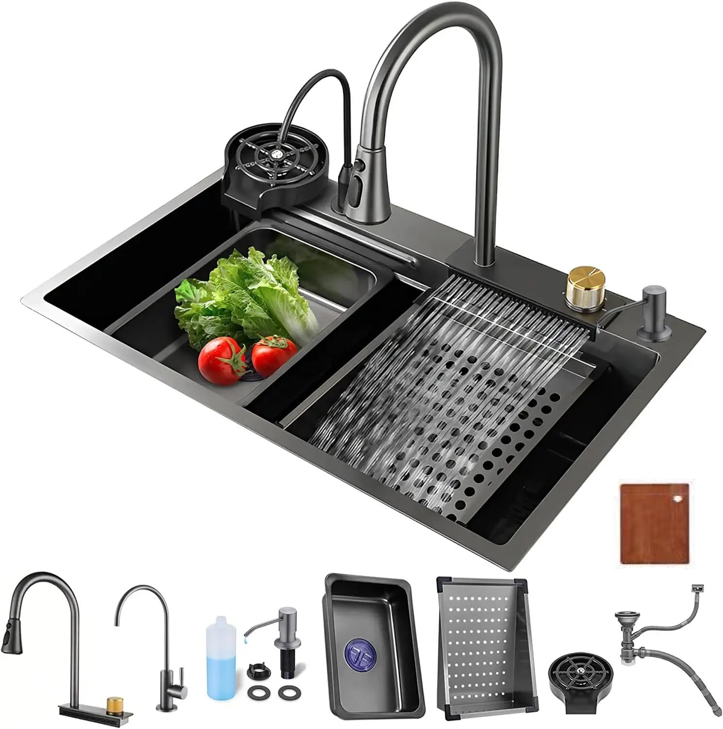 X-XONIER 304 Grade Stainless Steel 6 In 1 Shower panel and All in One Sink Combo Multifunction Handheld Mist Spray Temperature Display MI Black