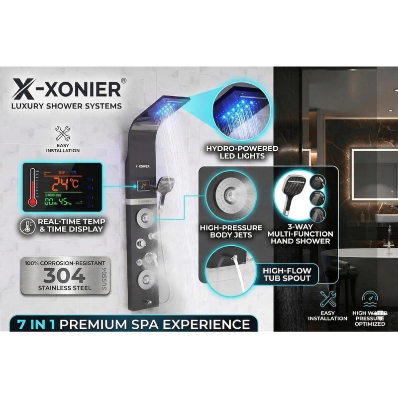X-Xonier Stainless Steel 304 grade Shower Panel System with Rainfall & more (8001) | 7in1