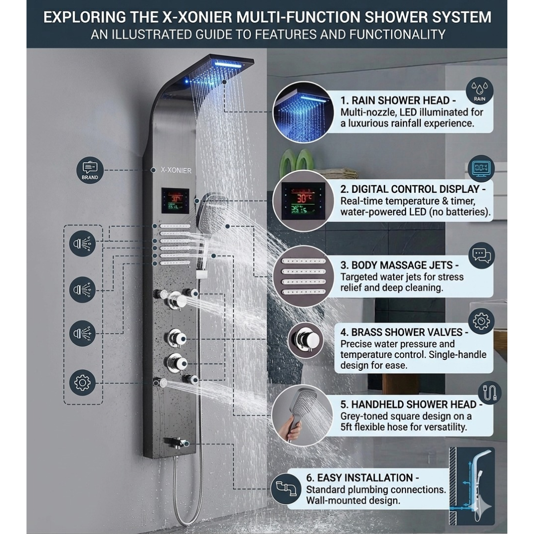 X-Xonier Smart Thermostatic Shower Panel – 8-in-1 Spa System with Rainfall and Waterfall (8003)