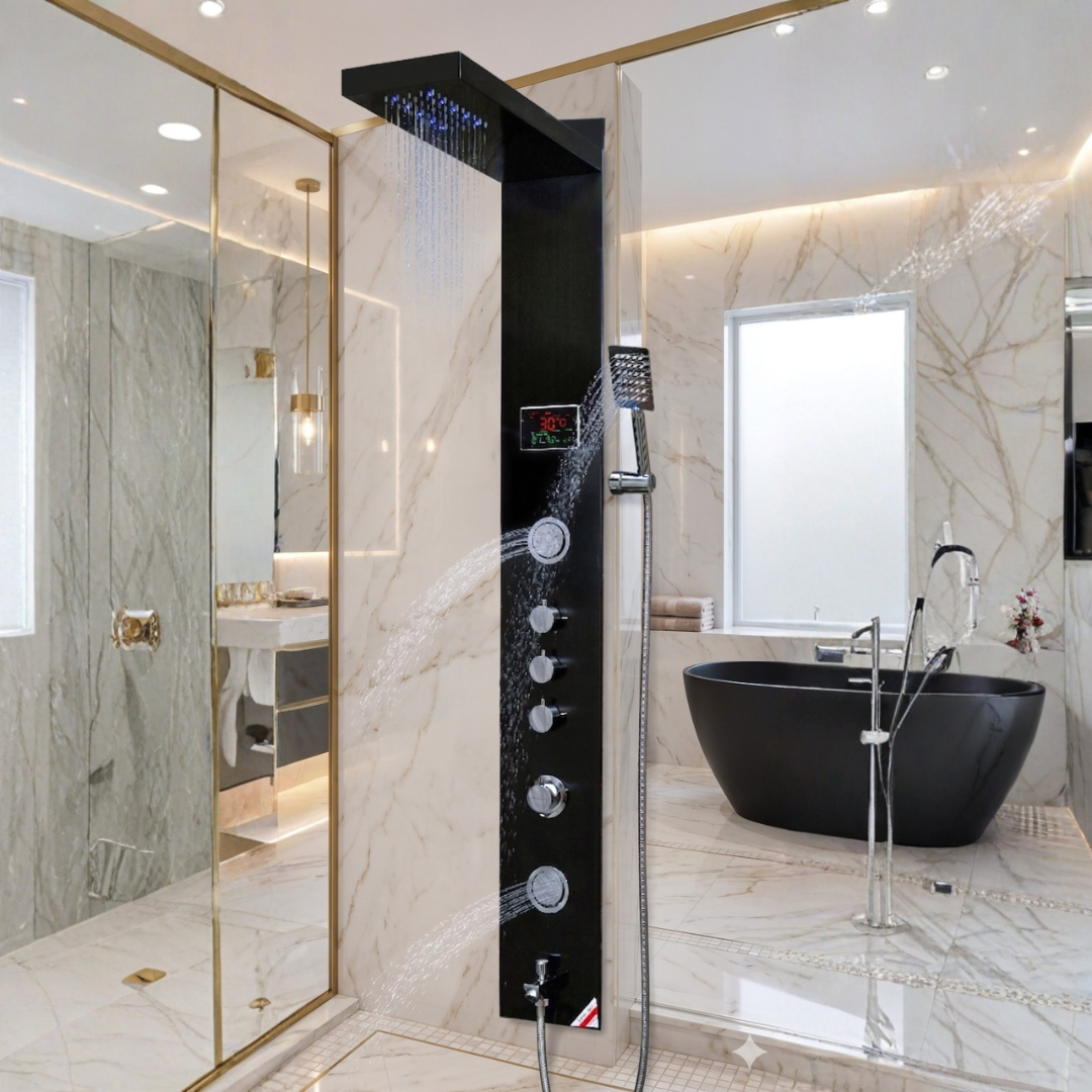 X-XONIER® Luxury thermostat Shower Panel System 4in1 shower panel with large Overhead Rainfall Front Body Massager Tub Spout, All in one Activation Black and Silver (8005 B)