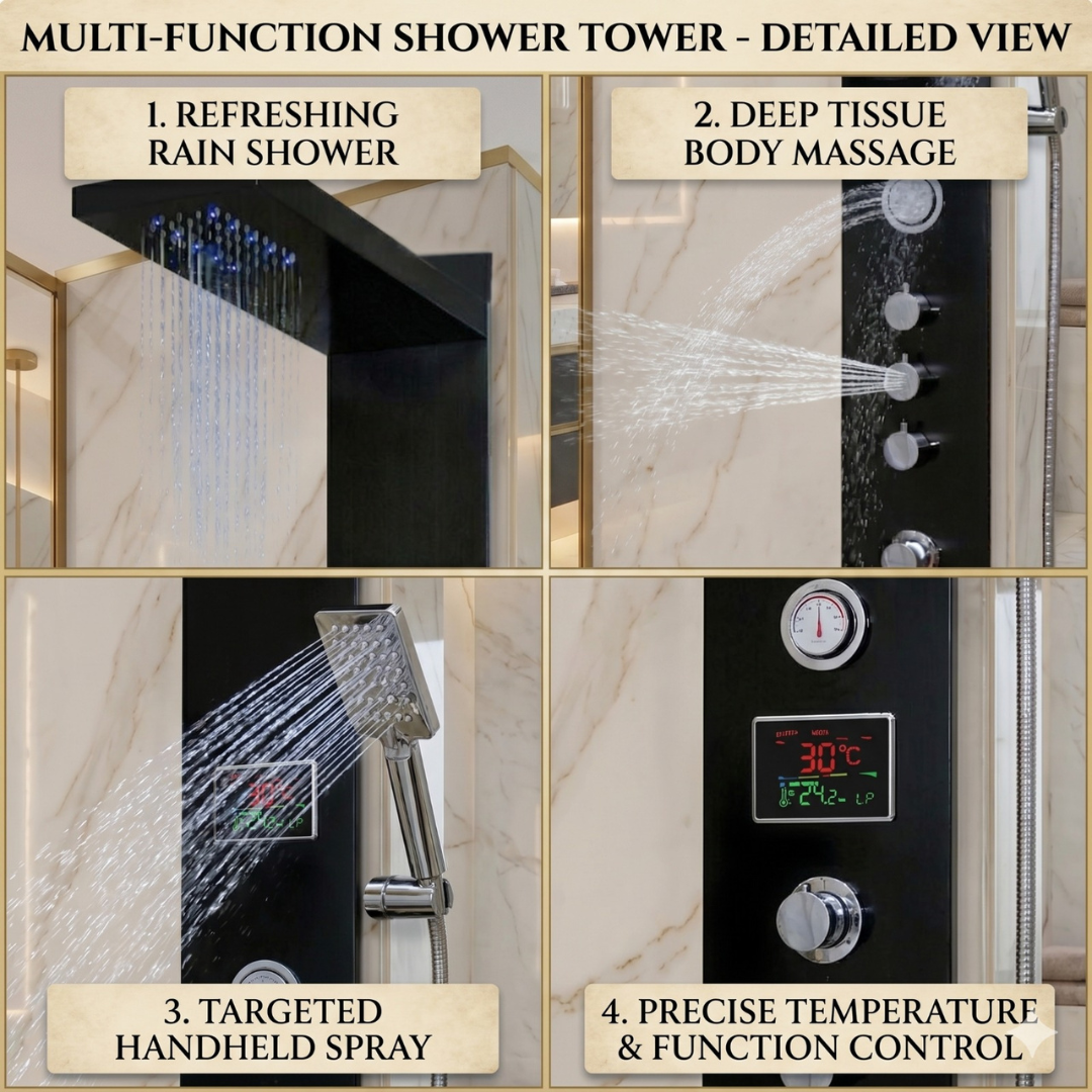 X-XONIER® Luxury thermostat Shower Panel System 4in1 shower panel with large Overhead Rainfall Front Body Massager Tub Spout, All in one Activation Black and Silver (8005 B)