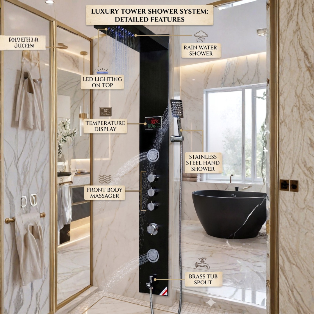 X-XONIER® Luxury thermostat Shower Panel System 4in1 shower panel with large Overhead Rainfall Front Body Massager Tub Spout, All in one Activation Black and Silver (8005 B)