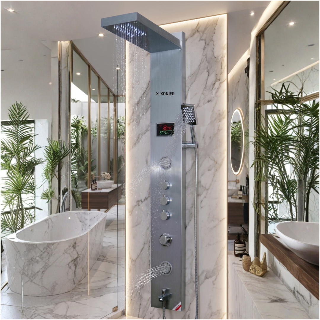 X-XONIER® Luxury thermostat Shower Panel System 4in1 shower panel with large Overhead Rainfall Front Body Massager Tub Spout, All in one Activation Black and Silver (8005 B)