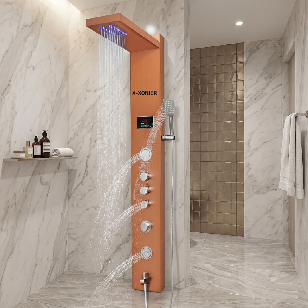 X-XONIER® Luxury thermostat Shower Panel System 4in1 shower panel with large Overhead Rainfall Front Body Massager Tub Spout, All in one Activation Black and Silver (8005 B)