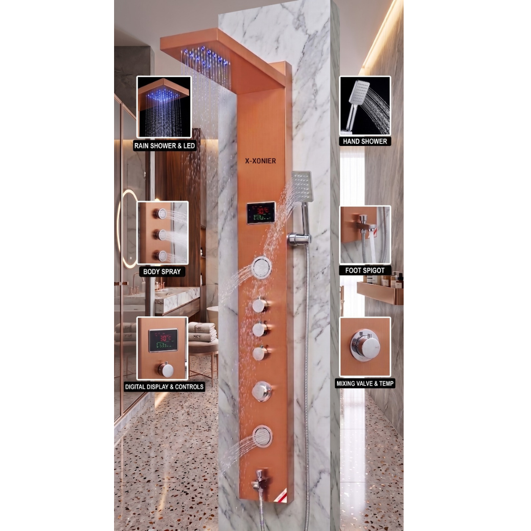 X-XONIER® Luxury thermostat Shower Panel System 4in1 shower panel with large Overhead Rainfall Front Body Massager Tub Spout, All in one Activation Black and Silver (8005 B)