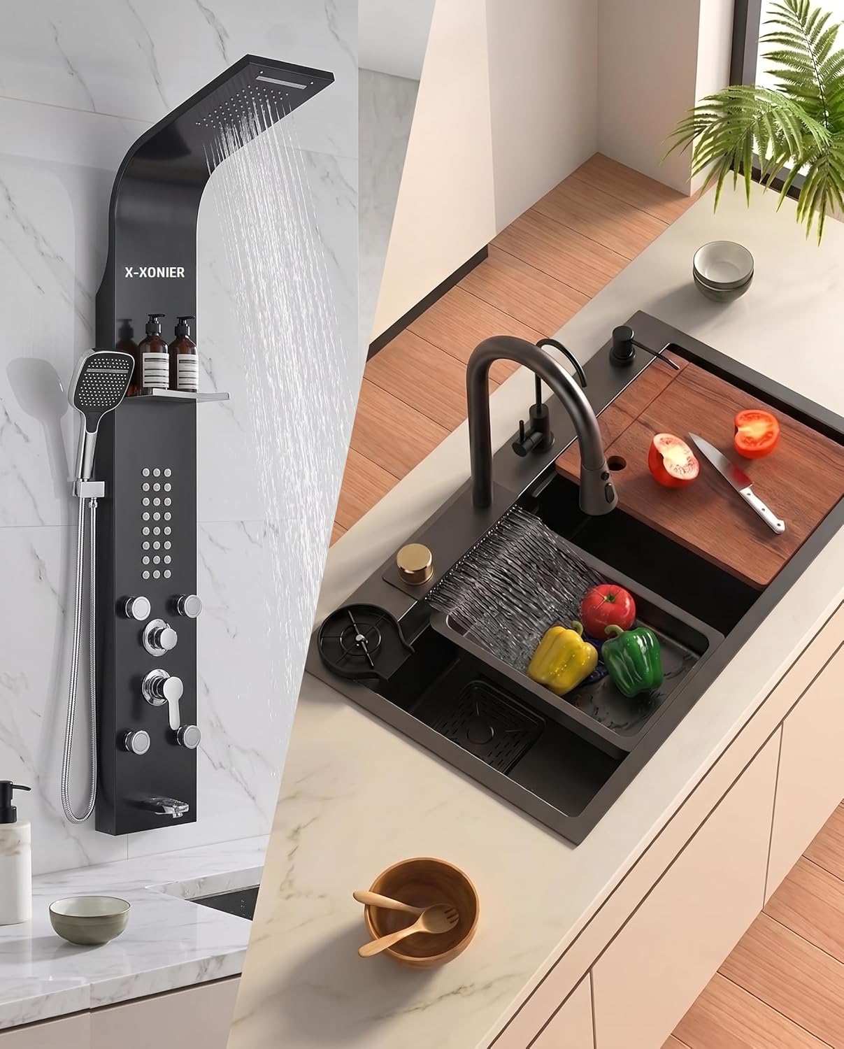 X-XONIER 304 Grade Stainless Steel 6 In 1 Shower panel and All in One Sink Combo Multifunction Handheld Mist Spray Temperature Display MI Black