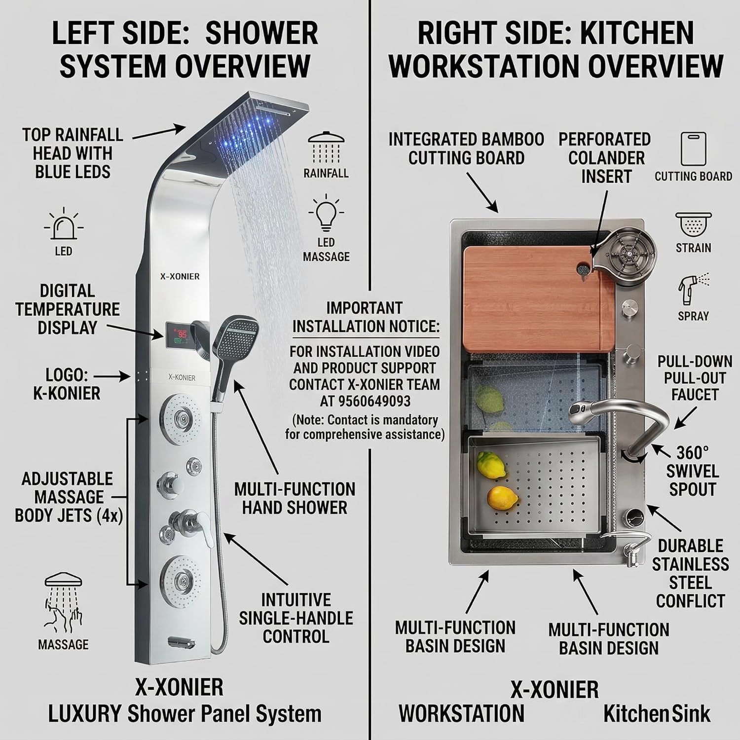 X-XONIER 304 Grade Stainless Steel 6 In 1 Shower panel and All in One Sink Combo Multifunction Handheld Mist Spray Temperature Display Silver
