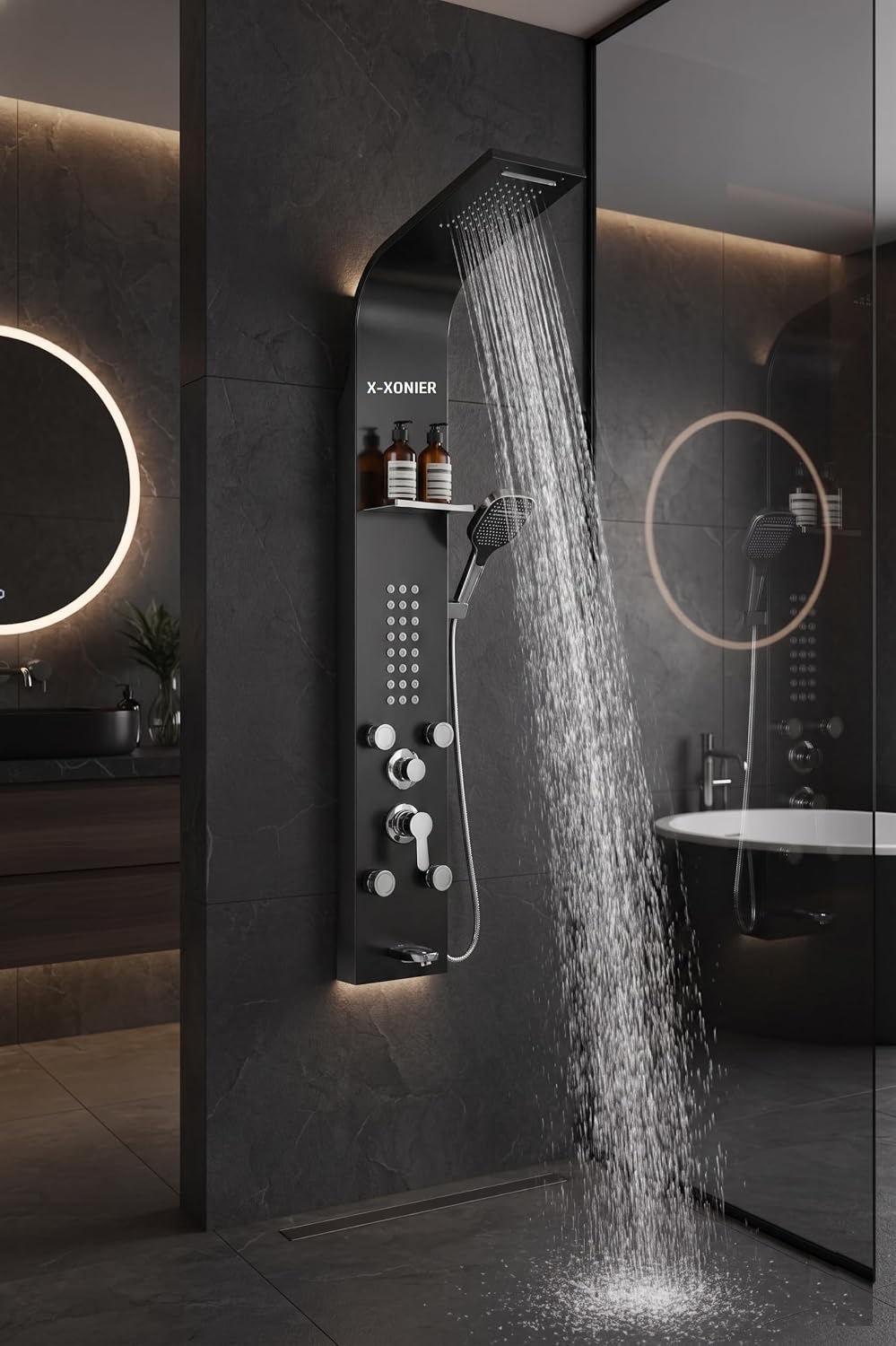X-XONIER 304 Grade Stainless Steel 6 In 1 Shower panel and All in One Sink Combo Multifunction Handheld Mist Spray Temperature Display MI Black