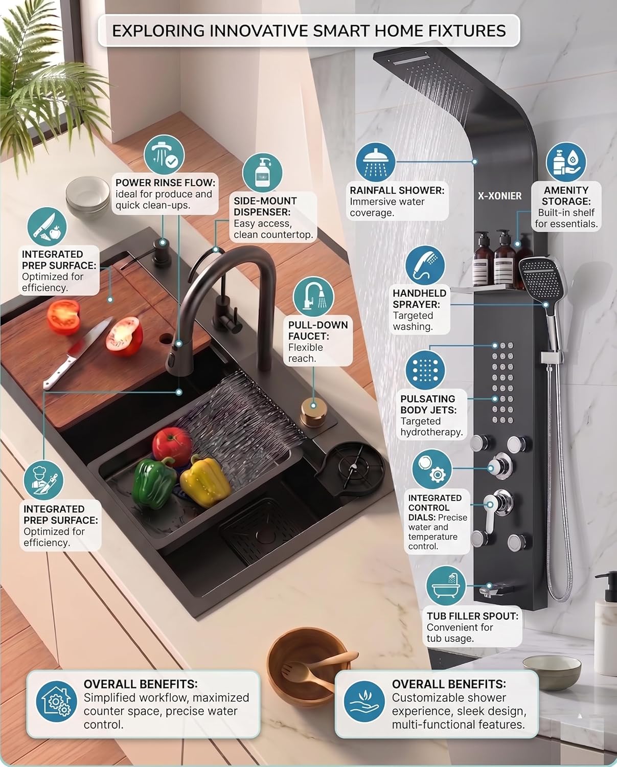 X-XONIER 304 Grade Stainless Steel 6 In 1 Shower panel and All in One Sink Combo Multifunction Handheld Mist Spray Temperature Display MI Black