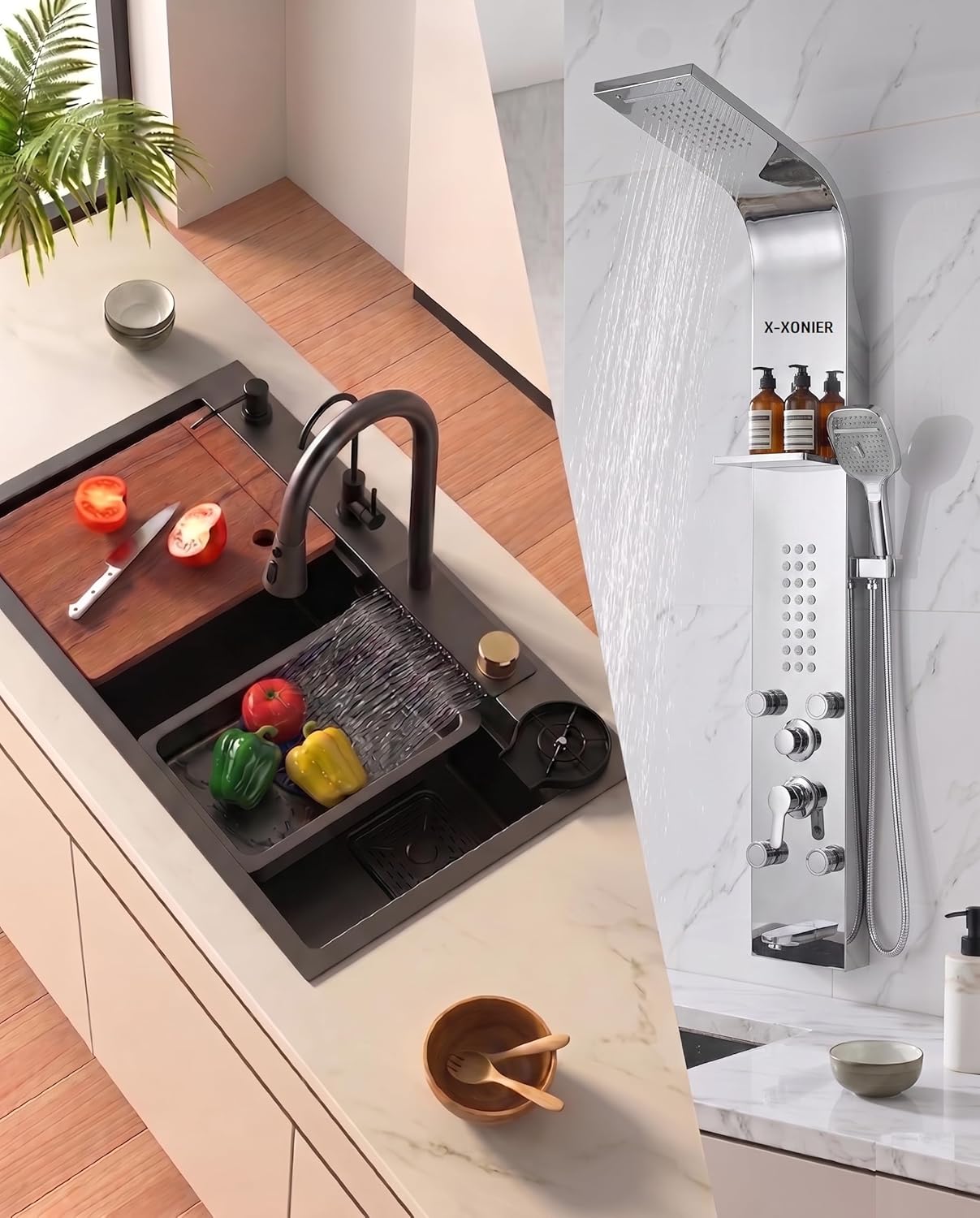 X-XONIER 304 Grade Stainless Steel 6 In 1 Shower panel and All in One Sink Combo Multifunction Handheld Mist Spray Temperature Display MI Silver