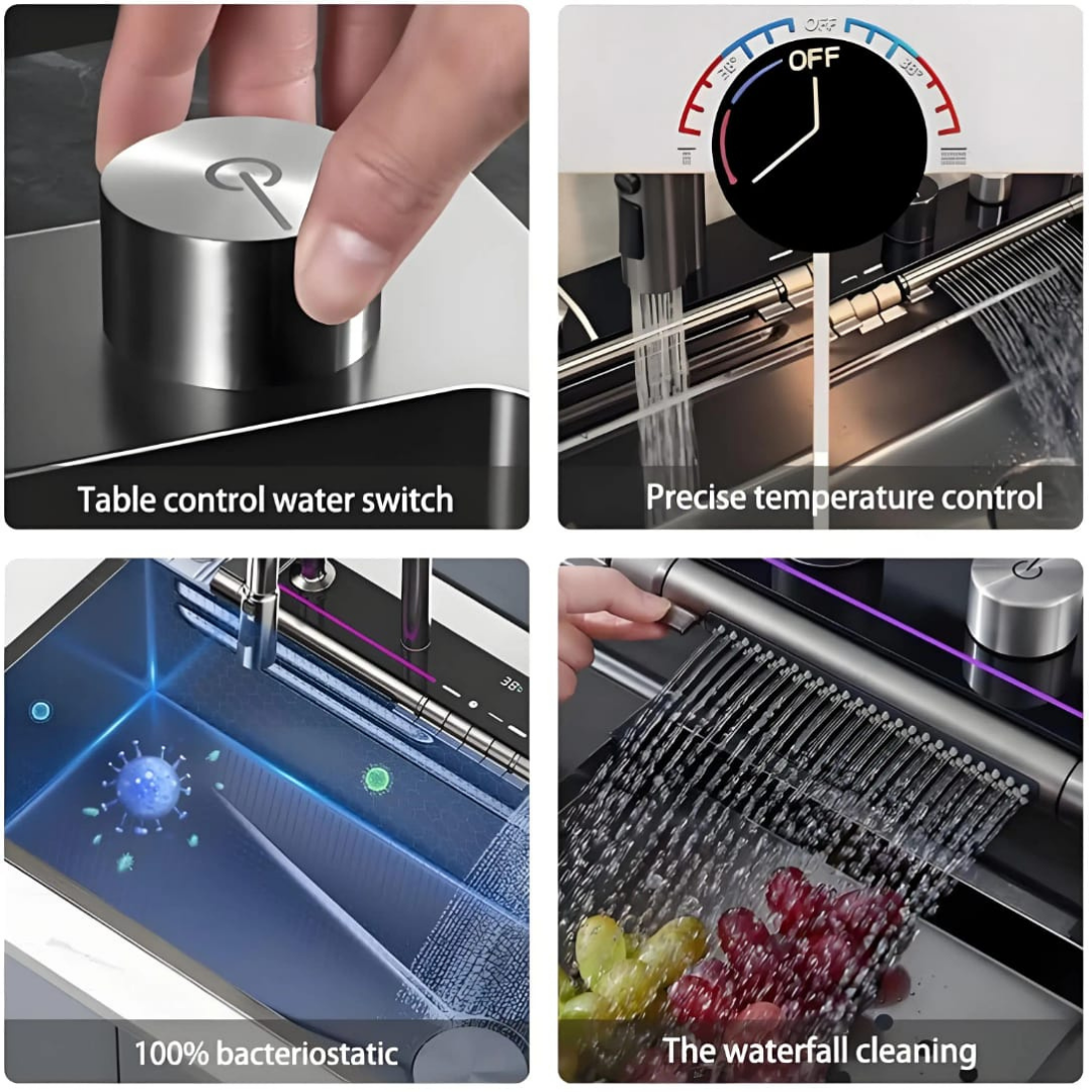 X-XONIER Smart Dual Waterfall Kitchen Sink 304 Grade Stainless Steel With Temperature Display Led Panel Pulldown Faucet Honeycomb Nano Black 30 X 20 10