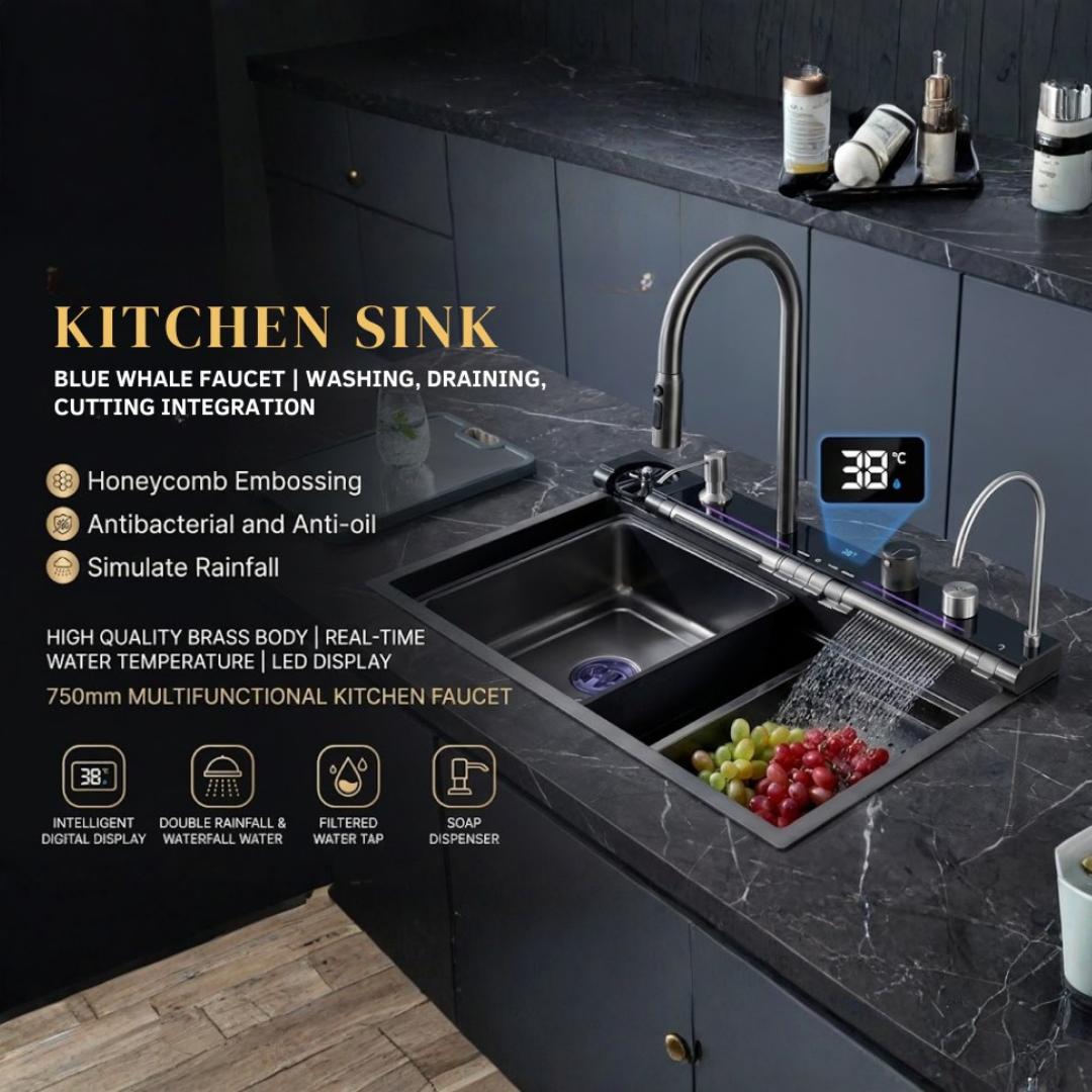 X-XONIER Smart Dual Waterfall Kitchen Sink 304 Grade Stainless Steel With Temperature Display Led Panel Pulldown Faucet Honeycomb Nano Black 30 X 20 10