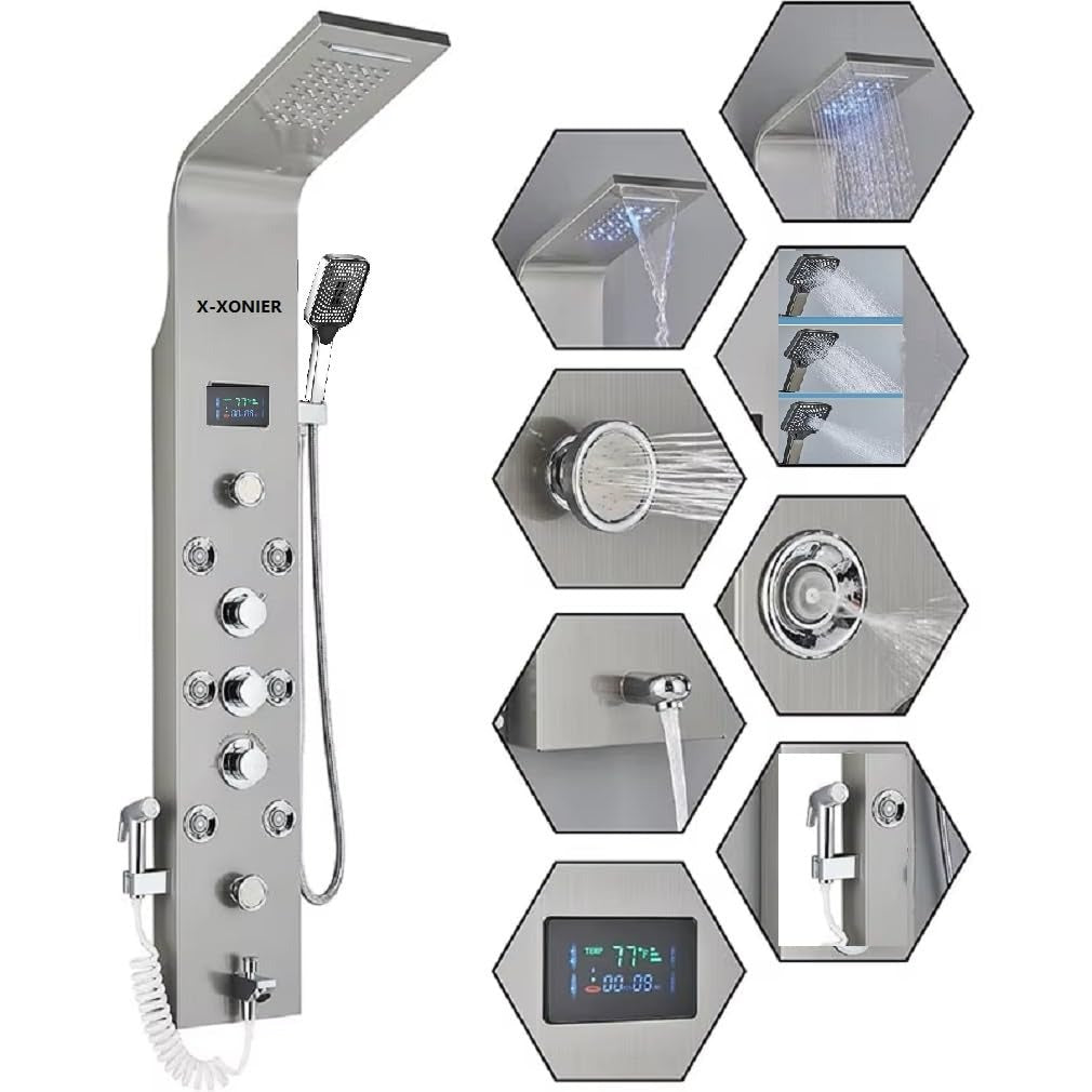 Stainless Steel 304 Grade Thermostatic Shower Panel 8in1+3 Ways Extra Large HandShower set,Health Faucet With LED Rainfall, Waterfall, Body Massager, 6 Mist Spray Temp. Display  (9001)