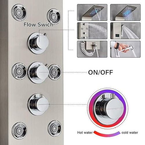 Stainless Steel 304 Grade Thermostatic Shower Panel 8in1+3 Ways Extra Large HandShower set,Health Faucet With LED Rainfall, Waterfall, Body Massager, 6 Mist Spray Temp. Display  (9001)