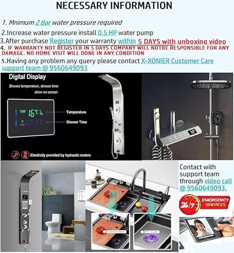 Stainless Steel 304 Grade Thermostatic Shower Panel 8in1+3 Ways Extra Large HandShower set,Health Faucet With LED Rainfall, Waterfall, Body Massager, 6 Mist Spray Temp. Display  (9001)