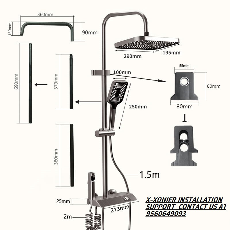 Brass Wall Mount Thermostatic Shower Set digital display 4 function shower set Mixer Hot & Cold (8007)