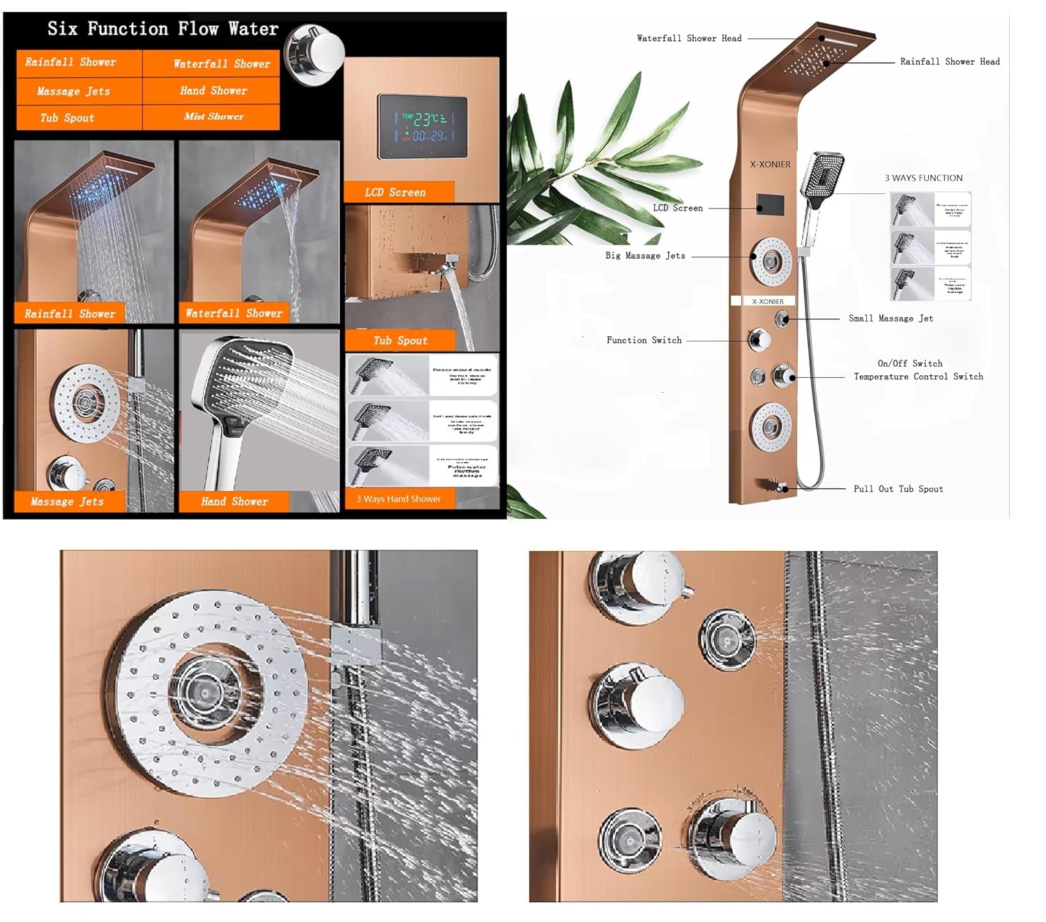 X-Xonier Stainless Steel 304 grade Shower Panel System with Rainfall & more (8001) | 7in1
