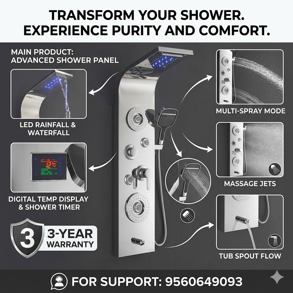 X-Xonier Stainless Steel 304 grade Shower Panel System with Rainfall & more (8001) | 7in1