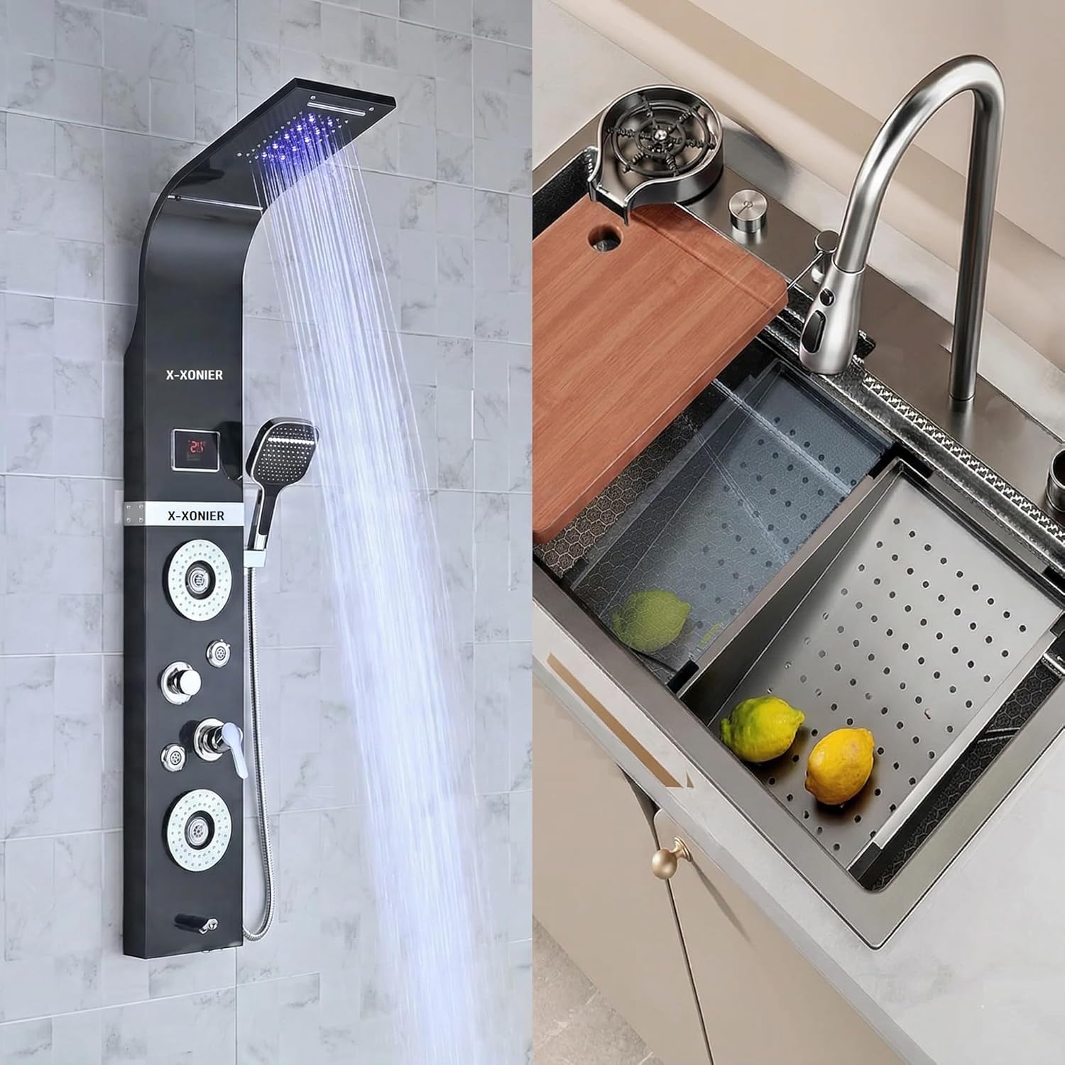 X-XONIER 304 Grade Stainless Steel 6 In 1 Shower panel and All in One Sink Combo Multifunction Handheld Mist Spray Temperature Display Black