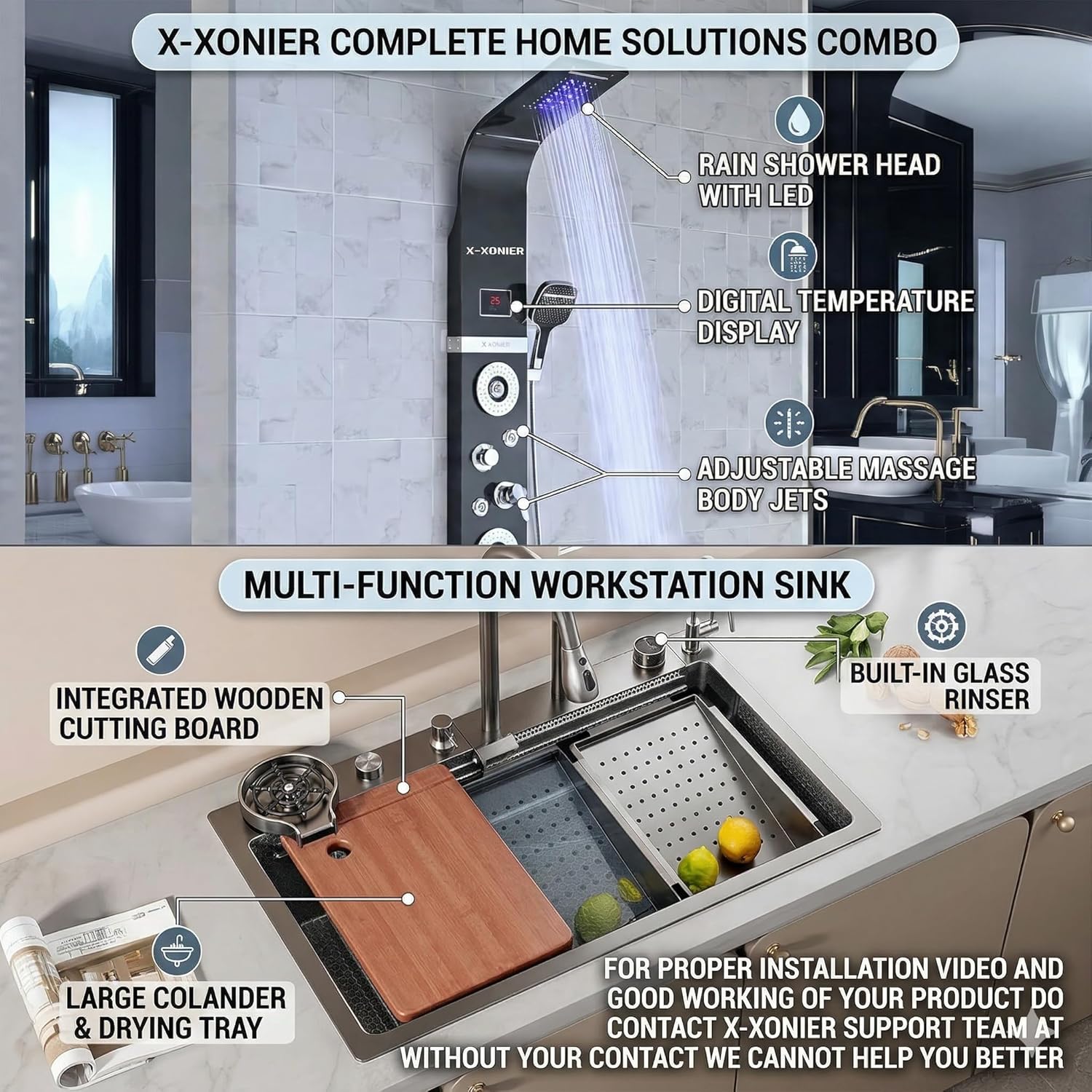 X-XONIER 304 Grade Stainless Steel 6 In 1 Shower panel and All in One Sink Combo Multifunction Handheld Mist Spray Temperature Display Black