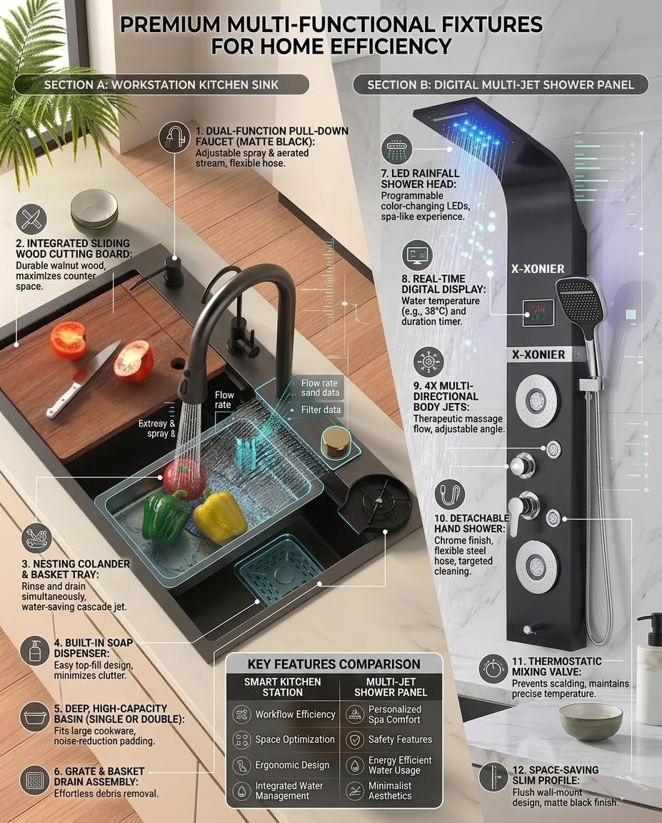 X-XONIER 304 Grade Stainless Steel 6 In 1 Shower panel and All in One Sink Combo Multifunction Handheld Mist Spray Temperature Display Black