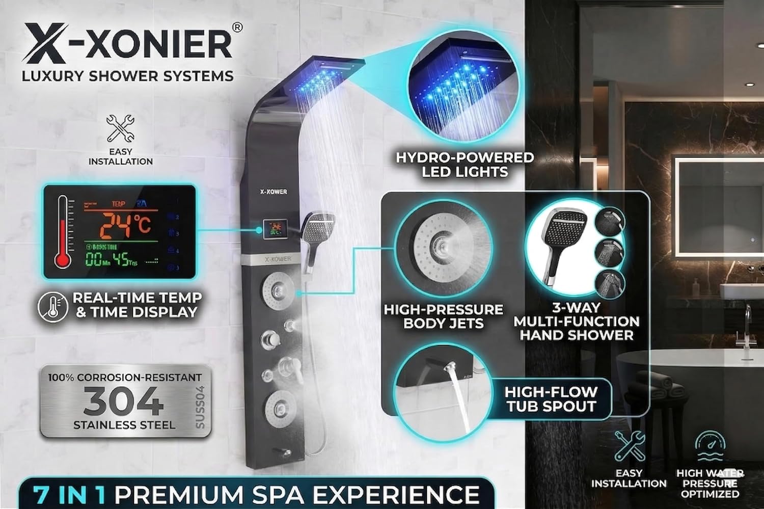 X-XONIER 304 Grade Stainless Steel 6 In 1 Shower panel and All in One Sink Combo Multifunction Handheld Mist Spray Temperature Display Black
