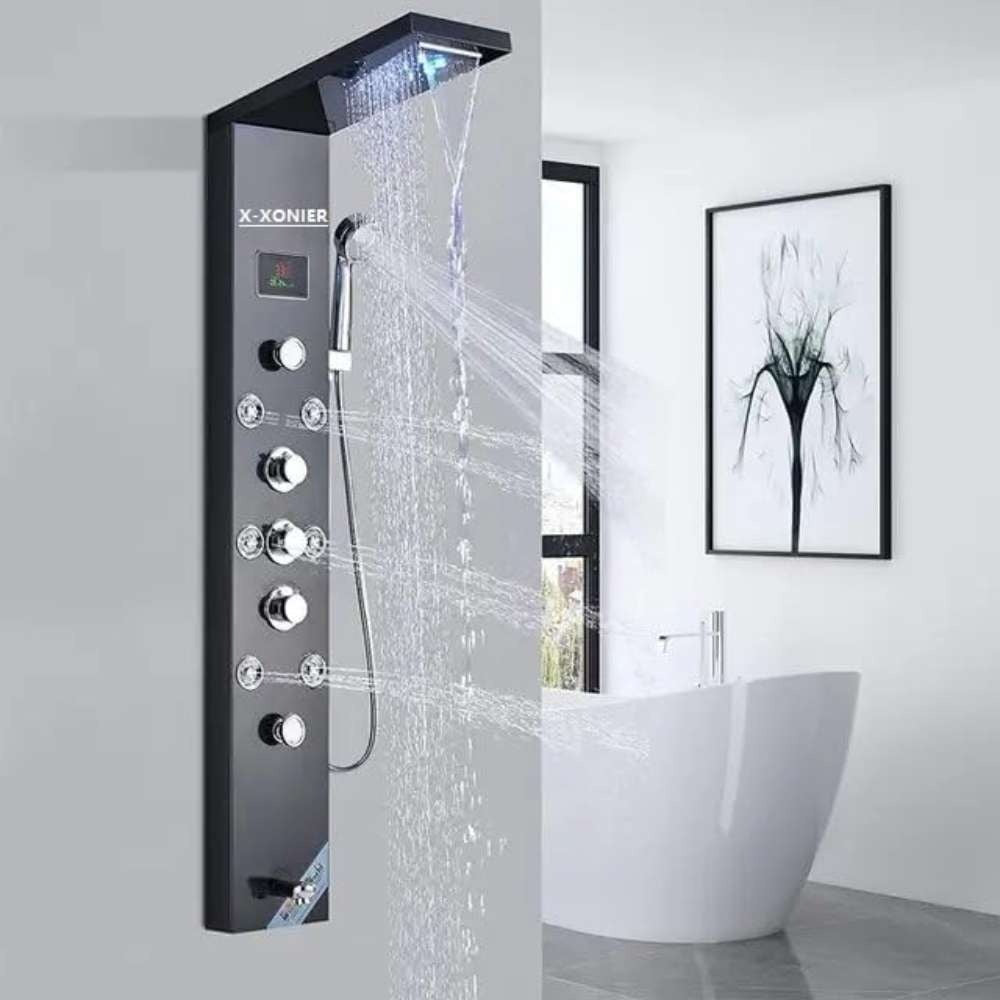 Stainless Steel 304 Grade Thermostatic Shower Panel 8in1+3 Ways Extra Large HandShower set,Health Faucet With LED Rainfall, Waterfall, Body Massager, 6 Mist Spray Temp. Display  (9001)