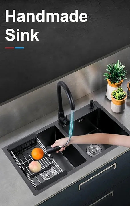 X-XONIER 304 Double Bowl Sink with Pull-down Faucet, Soap Dispenser & Tray, Nano Coating (SN01)