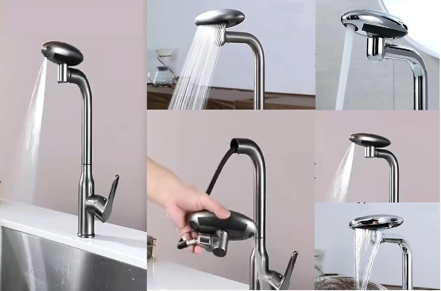 X-XONIER 5-in-1 Faucet, 360° Rotating Single Handle Hot & Cold Mixer, Long Neck for Sink Black (8010)