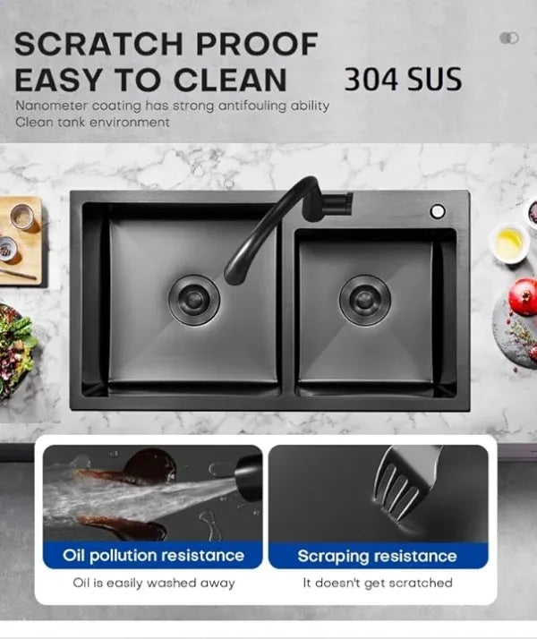 X-XONIER 304 Double Bowl Sink with Pull-down Faucet, Soap Dispenser & Tray, Nano Coating (SN01)