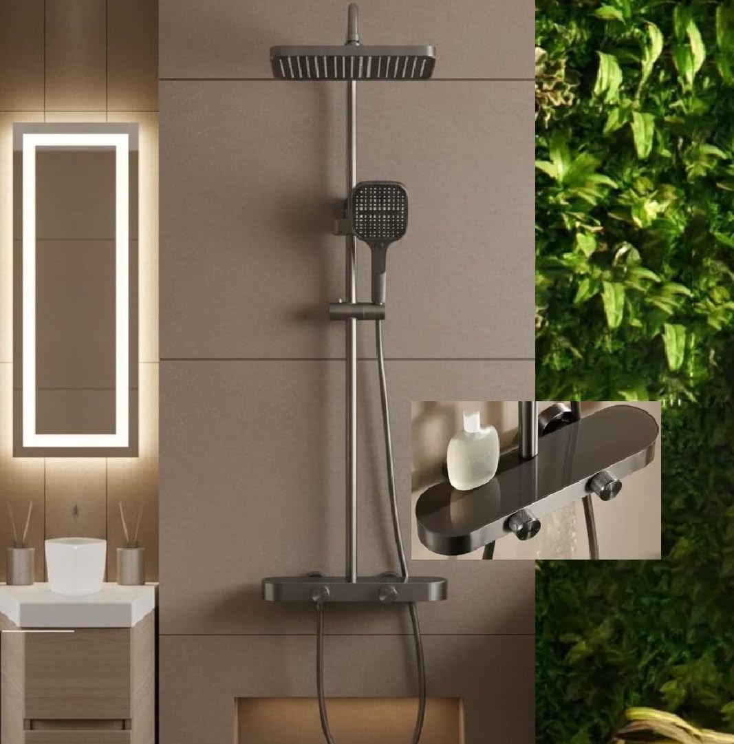 Luxury thermostat Shower set System 4in1 shower panel with large Overhead Rainfall (Panel Gray) (9003)