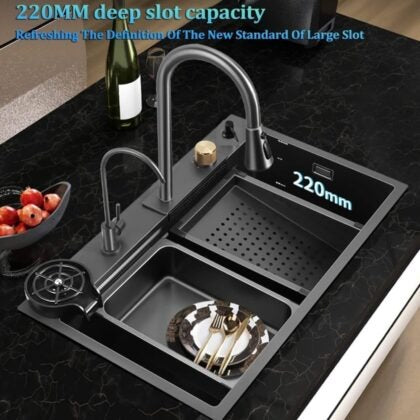 X-XONIER 304 Double Bowl Sink with Pull-down Faucet, Soap Dispenser & Tray, Nano Coating (SN01)