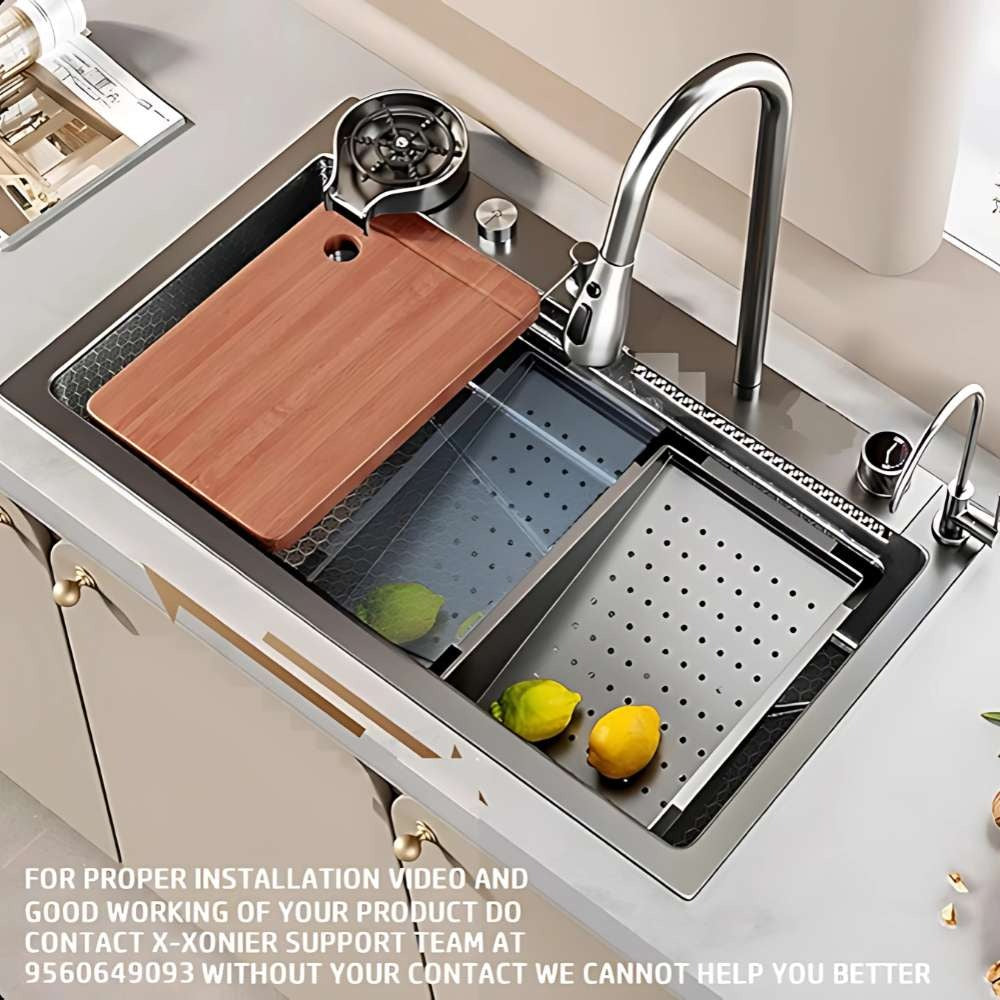 X-XONIER 304 SS Honeycomb Sink, Single Bowl, Pullout 3-Mode Tap, Cup Washer, Multipurpose, 30x20x9 (SN03 7 Sink)