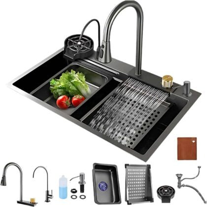 X-XONIER 304 Double Bowl Sink with Pull-down Faucet, Soap Dispenser & Tray, Nano Coating (SN01)