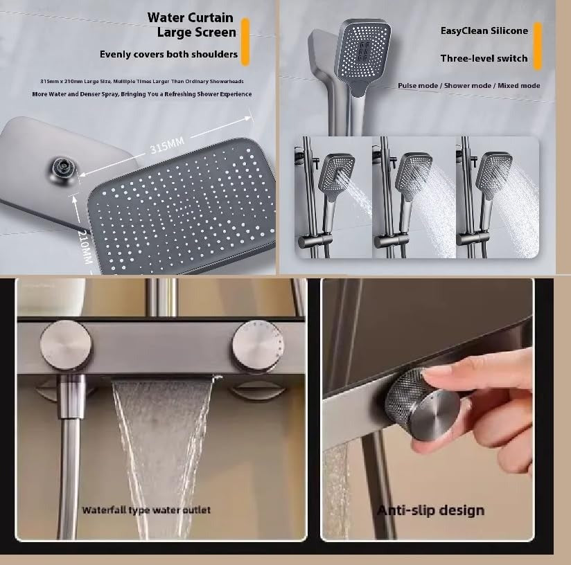 Luxury thermostat Shower set System 4in1 shower panel with large Overhead Rainfall (Panel Gray) (9003)