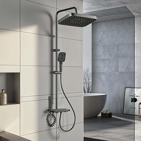 Luxury thermostat Shower set System 4in1 shower panel with large Overhead Rainfall (Panel Gray) (9003)