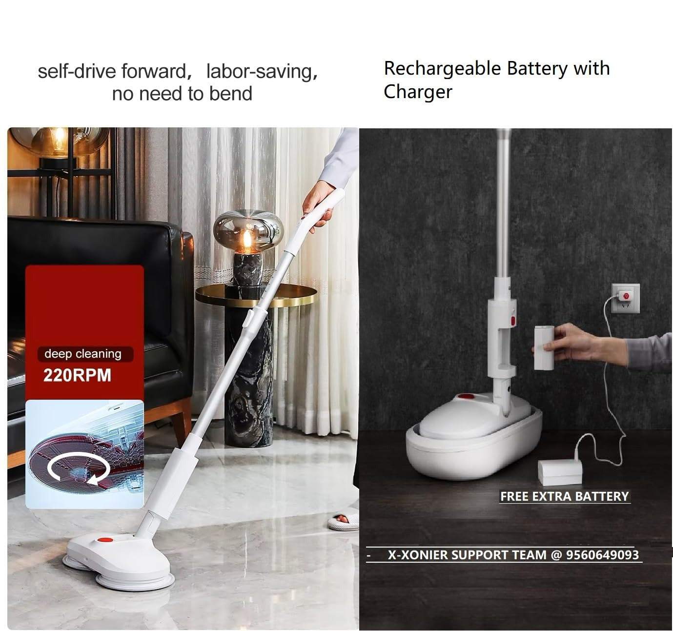 X-XONIER Smart Spin Electric Mop with Bucket & Dual Pad, Power Cleaning, Self Wash and Dry, Remote Operation, (White)