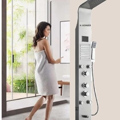 X-XONIER 304 Grade Stainless Steel Shower Panel 6 in 1 Shower System Handshower with Waterfall Outlet Tub Spout Body Massage Spray With Hot &cold Mixer Black